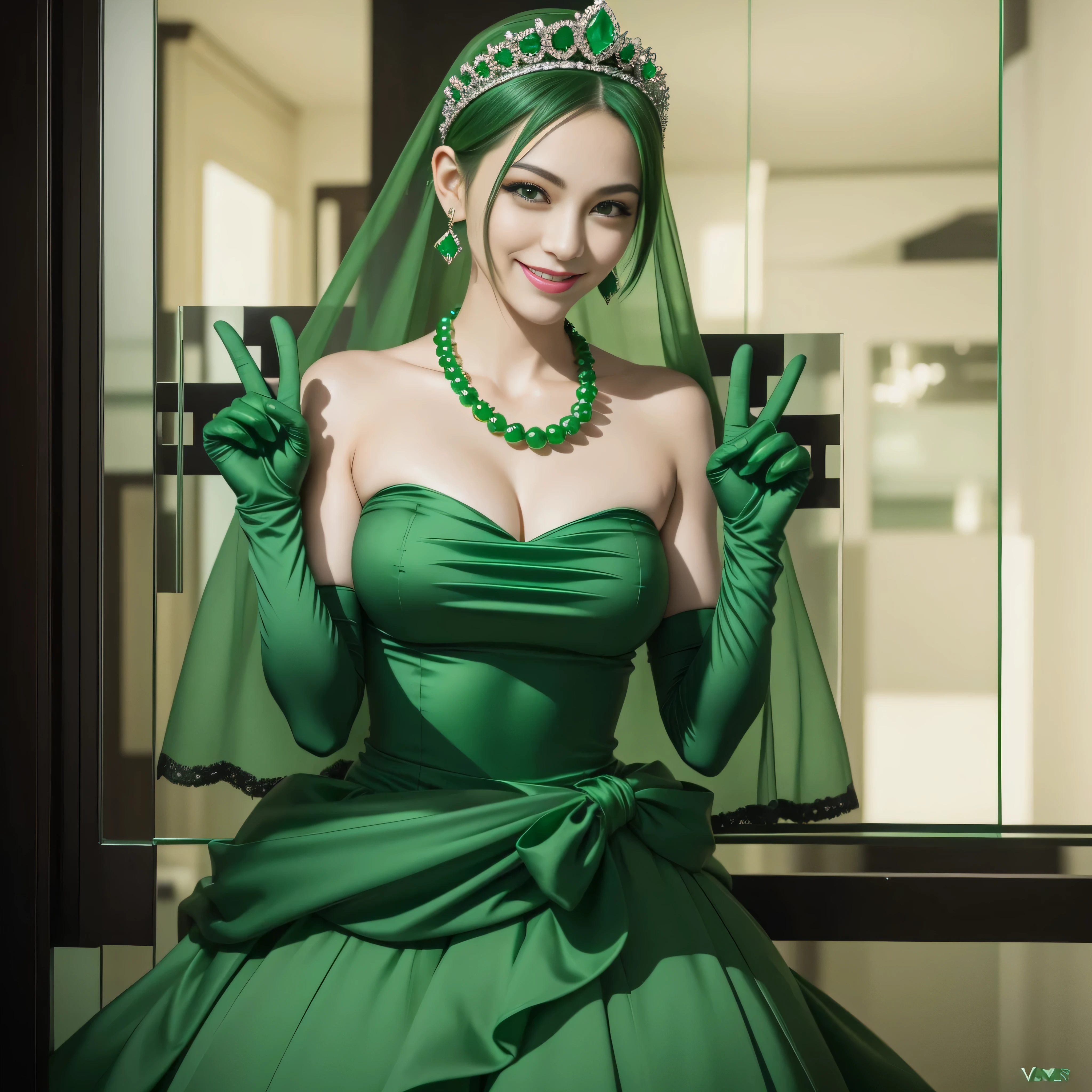 emerald tiara, Green Pearl Necklace, Boyish very short green hair, lipsticks, Japan woman smiling, very short short hair, big breasts beautiful, Green eyes, Long green gloves made of satin material, Green eyes, Emerald Earrings, green vale, v sign