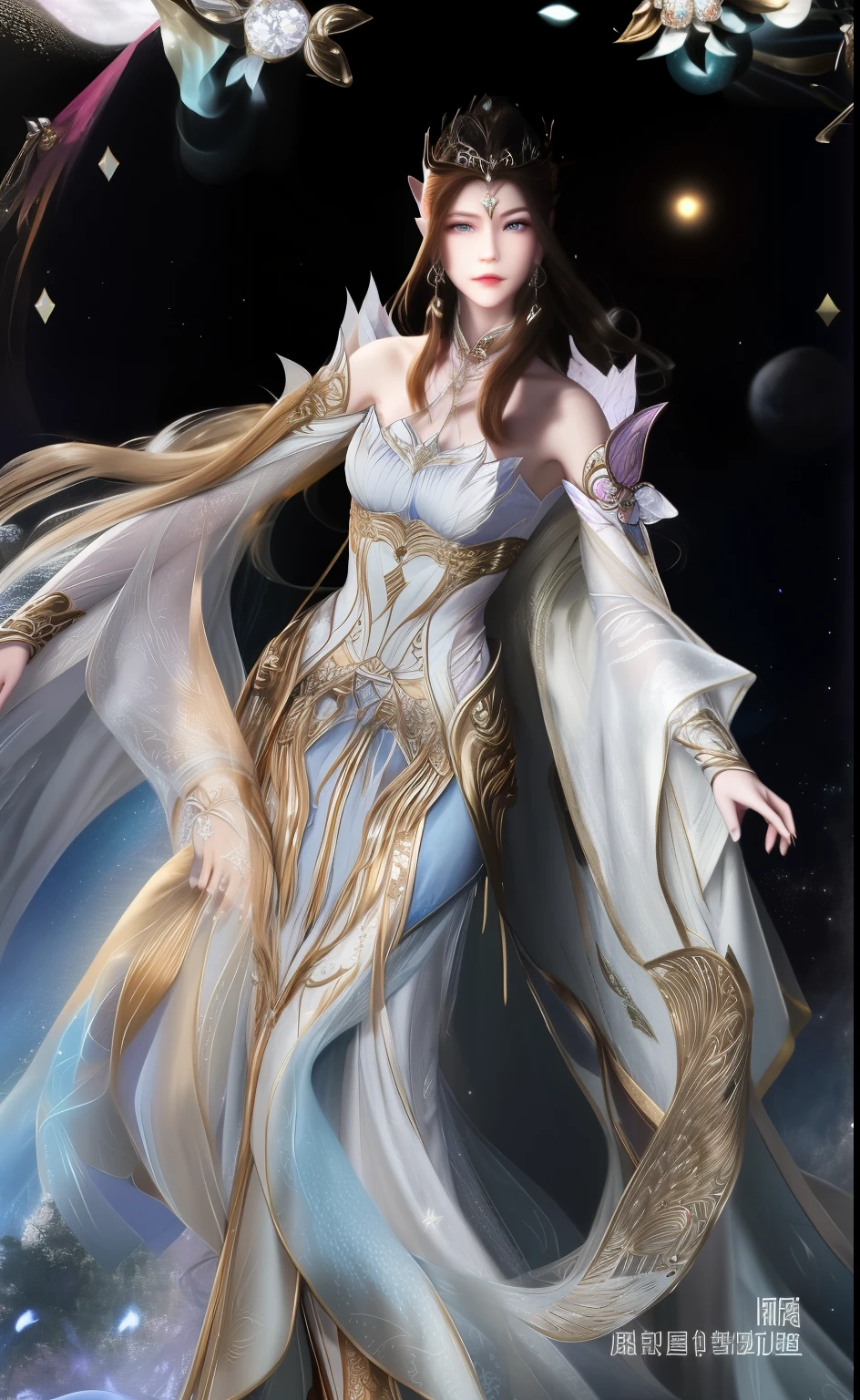 a close up of a woman in a dress with long hair, Fantasy costumes, Astral Witch Clothes, Flowing magic robes, Inspired by Lanying, full body xianxia, Beautiful celestial mage, Very beautiful elf model, Fantasy style clothing, ((beautiful fantasy empress)), Dress up in dreamy formal attire, Inspired by Huang Ji