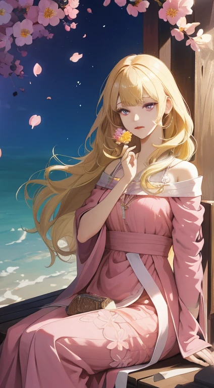 (A hyper-realistic), (hight resolution), (8K), 1girl, mature female, wavy blonde hair, long hair, beautiful detailed eyes, blunt bangs, pink dress, finely detailed eyes and detailed face, extremely detailed CG unity 8k wallpaper, intricate details, BREAK , kaleidoscopic imagery, symmetrical patterns, vibrant colors, geometric shapes, mesmerizing designs, optical illusions, dynamic composition BREAK , pantomime art, expressive body language, silent storytelling, evocative gestures, visual narratives, theatrical performances BREAK , blooming flowers, colorful petals, fragrant scents, nature's bounty, vibrant gardens, peaceful scenery