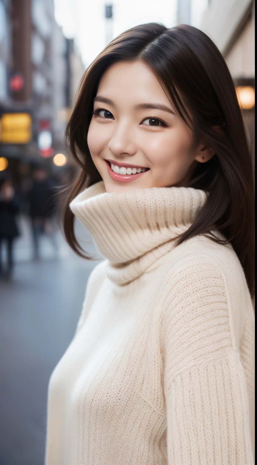 The face of a hostess、turtleneck wool sweater、hiquality、A hyper-realistic、healthy、Smiling expression、Slender perfect figure、Japan Beauty、 perfect  eyes、Beautiful skin、The upper part of the body、Snowy city