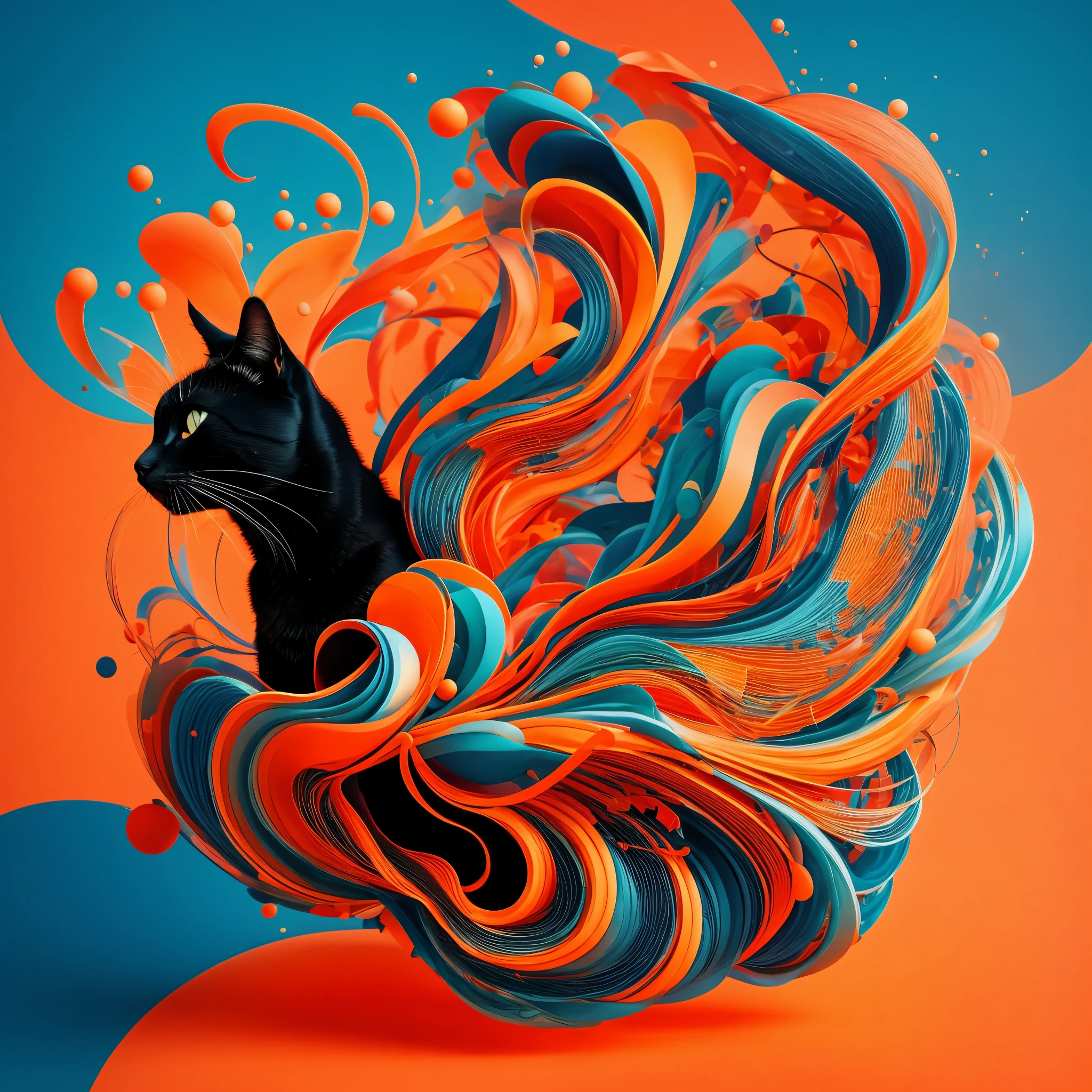 black cat portrait, Minimalistic and colorful organic shapes, energy, assembly, (Layered:1.6), Depth, Living vibrant, 。.3D, Abstract, on a bright orange background、Masterpiece、topquality、The ultra -The high-definition、