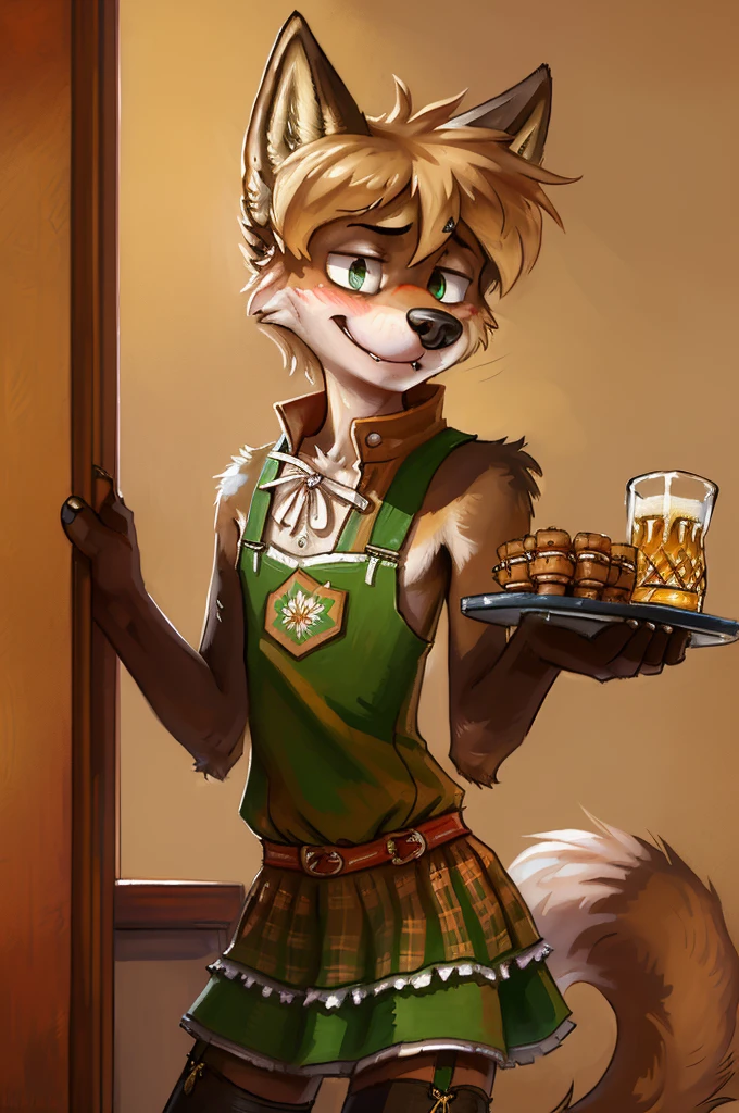 solo, wolf, ((male)), slender, day, ((twink)), detailed, uploaded to e621, beautiful and detailed portrait of an anthropomorphic boy, fauxhawk hair, (((male))), kenket, uploaded to e621, (detailed German Oktoberfest dress, garter), embarrassed, smile, carrying tray of beer, tavern