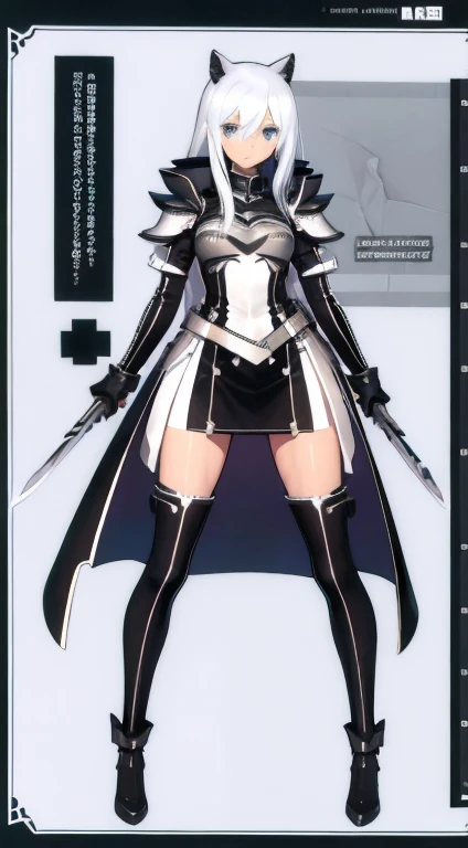 (((Best Quality))) , ((full body)), female, reference sheet, solo, (white background), holding sword, gloves, waist armor, thigh high, side slit trench skirt,,