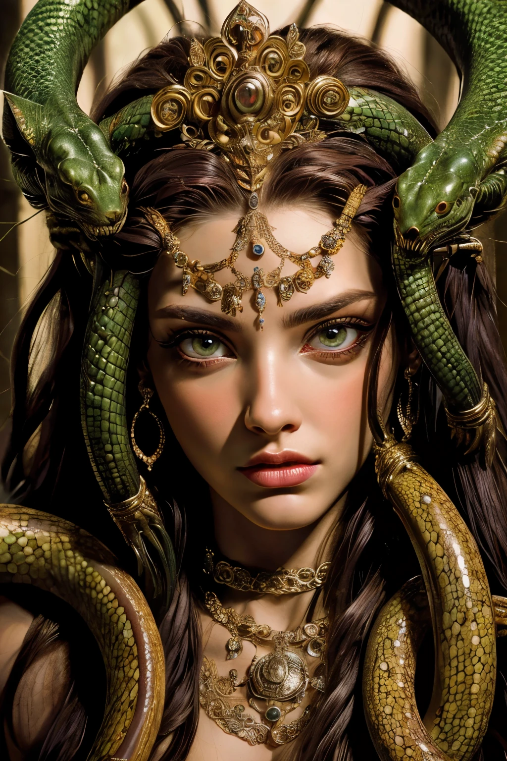 Absurd, ultra-detailed, high quality, detailed face, beautiful eyes, Medusa, the Gorgon, the Gorgon with serpent hair, possesses a complex mix of beauty and terror, mesmerizing gaze,