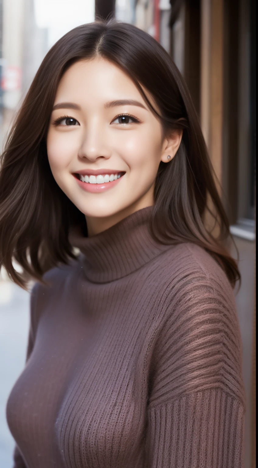 The face of a hostess、turtleneck wool sweater、hiquality、A hyper-realistic、healthy、Smiling expression、Slender perfect figure、Japan Beauty、 perfect eyes、Beautiful skin、The upper part of the body、Snowy city