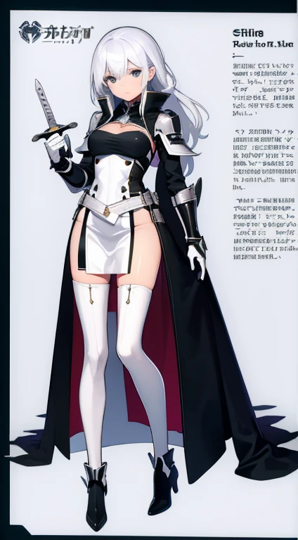 (((Best Quality))) , ((full body)), female, reference sheet, solo, (white background), holding sword, gloves, waist armor, thigh high, side slit trench skirt,,
