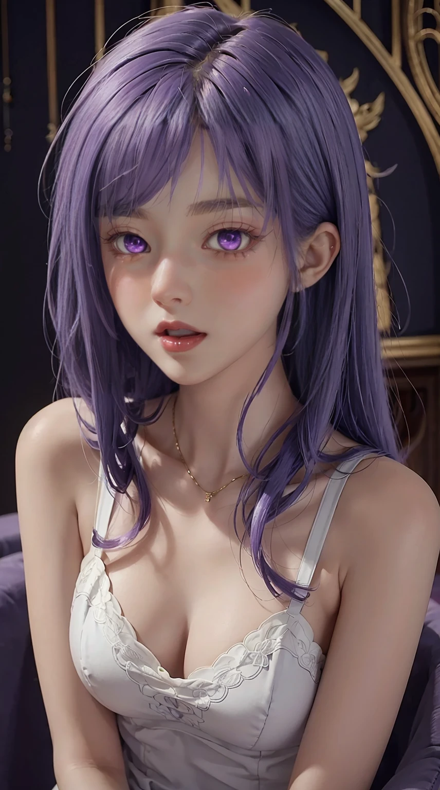 8K, Ultra High Definition, Super detailed, Shiny detailed hair, detailed face, fantasy landscape, solo, looking at viewer, {{best quality}}, {{masterpiece}}, {{ultra-detailed}}, {detailed light}, ultra high quality eyes, detailed eyes, perfect eyes, large eyes, detailed purple eyes, purple hair, long hair, adorned hair, beautiful, skinny body, white skin, slutty, erotic, standing in suggestive, in lingerie, lingerie, blushing, open mouth, ahegao, nsfw