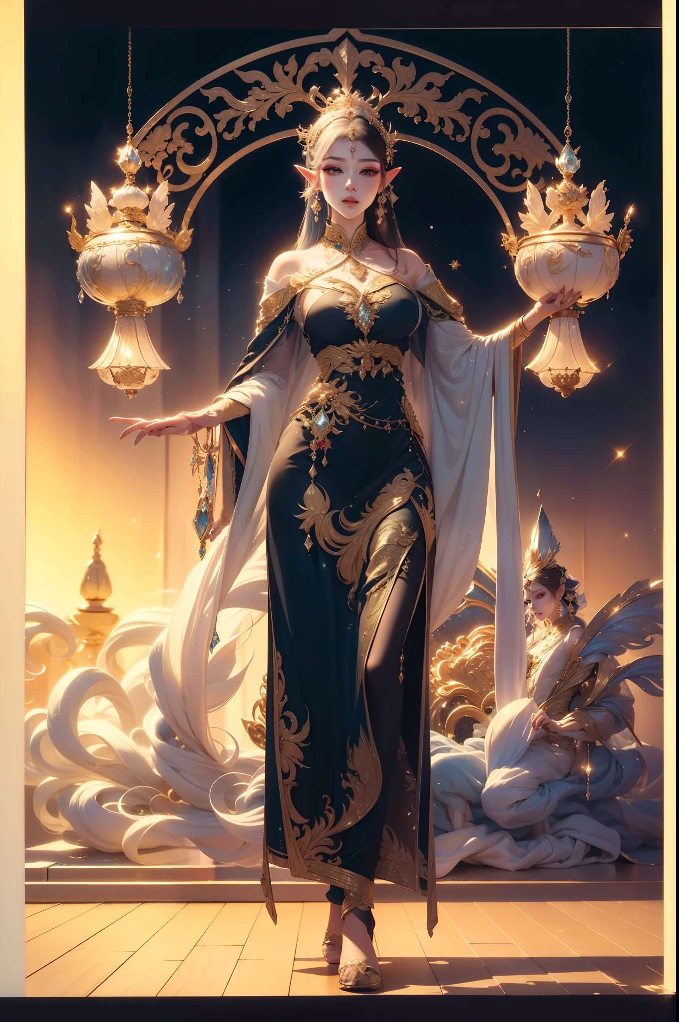 a close up of a woman in a dress with long hair, fantasyoutfit, Astral Witch Clothes, flowing magic robe, Inspired by Lan Ying, full body xianxia, Beautiful celestial mage, Very beautiful elf model, Fantasy style clothing, ((beautiful fantasy empress)), Wear your dreamy formal attire, Inspired by Huang Ji