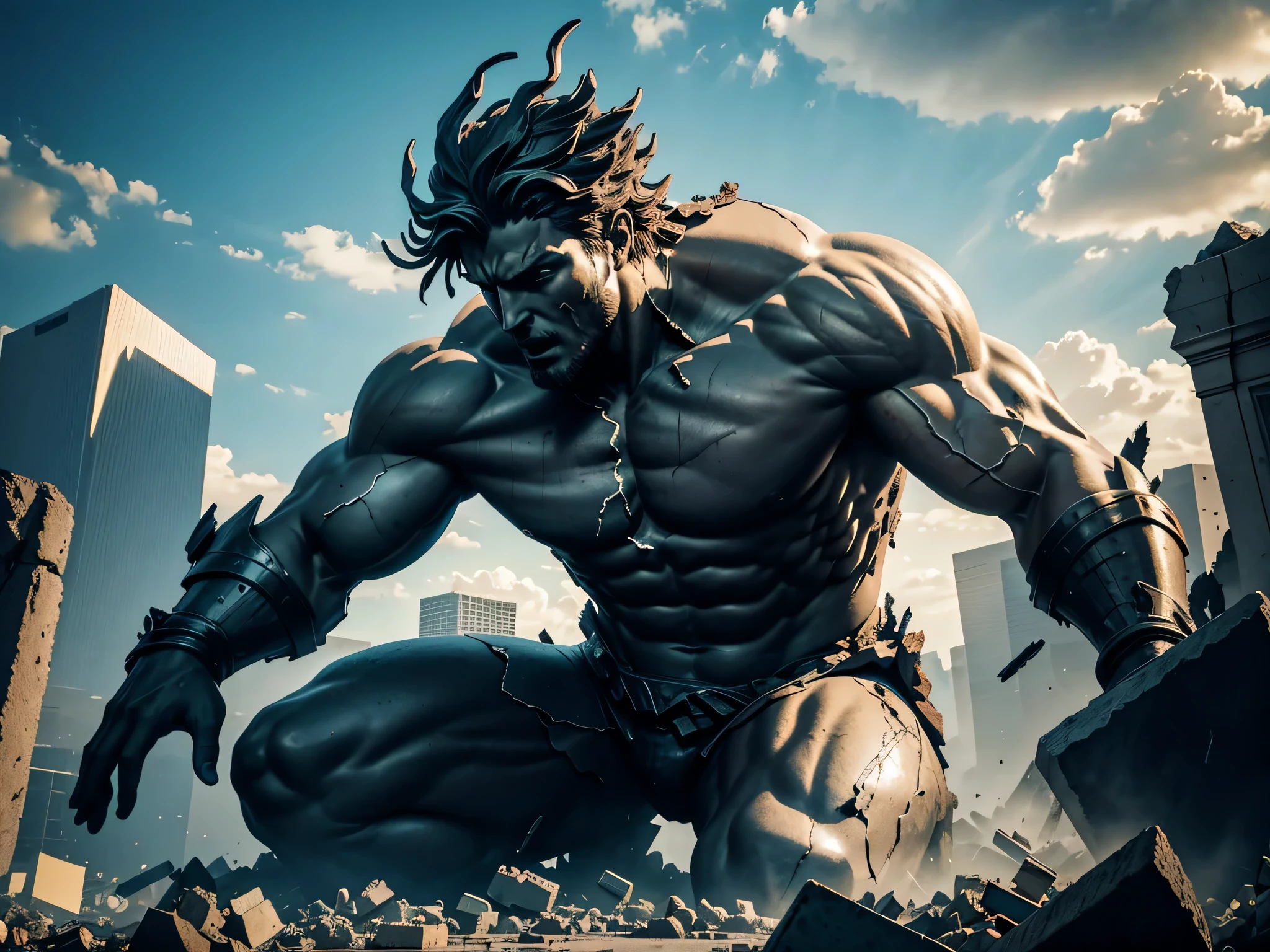 Generate an image of a colossal statue defeated and shattered into pieces. Showcase the aftermath of a powerful event, capturing the broken fragments and the sense of triumph or chaos surrounding the fallen monument. Highlight the dramatic impact and the transformative moment that led to the statue's demise
