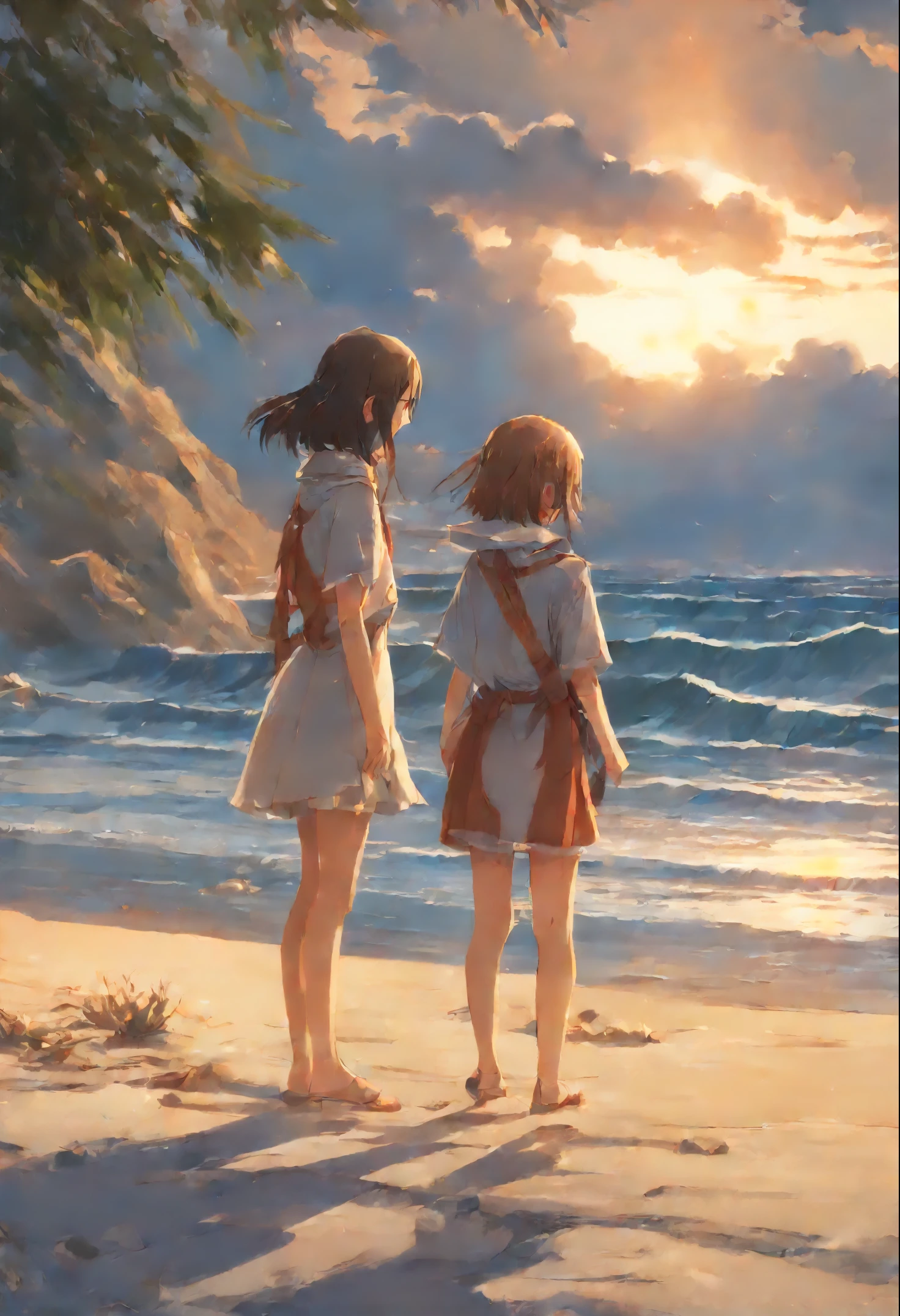 Girls from different worlds (snowfall, Christmas tree, New Year's toys, Beach,waves, sand)stretch out hands to each other, anime couple two girls friends brunette and blonde, standing on a ledge and watching the sunset, clouds and rainbow below, guweiz and makoto sinkai, in style of makoto sinkai, makoto sinkai cyril rolando, sakimichan and makoto sinkai, ross tran and makoto sinkai, ( ( makoto sinkai ) ), style of makoto sinkai