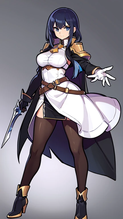 (((Best Quality))) , ((full body)), female, reference sheet, solo, (white background), holding weapon, gloves, slit trench skirt, bareback, belt,