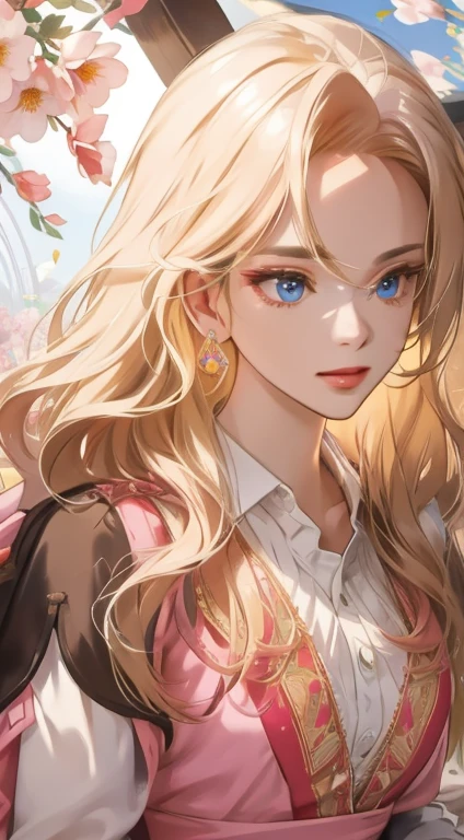 (A hyper-realistic), (hight resolution), (8K), 1girl, mature female, wavy blonde hair, long hair, beautiful detailed eyes, blunt bangs, pink dress, finely detailed eyes and detailed face, extremely detailed CG unity 8k wallpaper, intricate details, BREAK , kaleidoscopic imagery, symmetrical patterns, vibrant colors, geometric shapes, mesmerizing designs, optical illusions, dynamic composition BREAK , pantomime art, expressive body language, silent storytelling, evocative gestures, visual narratives, theatrical performances BREAK , blooming flowers, colorful petals, fragrant scents, nature's bounty, vibrant gardens, peaceful scenery