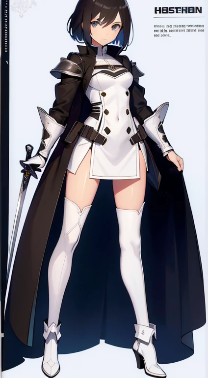 (((Best Quality))) , ((full body)), female, reference sheet, solo, (white background), holding sword, gloves, waist armor, thigh high, side slit trench skirt, short jacket, blue, orange, green, violet, brown, white, colorful outfit,