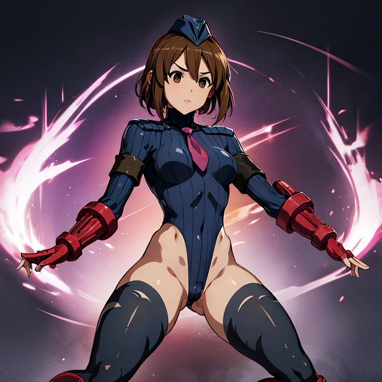 ultra-detailed, Explicit, Beautiful body, Beautiful Nose, Beautiful character design, perfect eyes, perfect face, ultra highres, 4K, beautiful legs, perfect legs, Nice hands, Perfect hand, Masterpiece, Best Quality, Highly detailed, illustration, absurdres, street fighter, doll suit, shadaloo doll, dollsuit, expressionless, blank eyes, looking at viewer, red gloves, emotionless, black latex, corrution, mind control, female combatant, full body, hypnotized, unhappy trance, full body suit, ribbed bodysuit, both arms at side, obey, perfect female body, extremely glossy latex, hypnosis, hypnoLora, empty eyes, Mind control device, poses, submissive_pose, Slave, hat, necktie, stand up straight, standing, standing at attention, hat, necktie, belt, latex, ribbed bodysuit, thighhighs, garter belt, Fighting Stance, extending the right arm from the shoulder into the air with a straightened hand, nazi saluting, military, military saluting, salute, thigh boots, solo, 1girl, rown hair, medium hair, brown eyes, hirasawa yui, visor, k-on