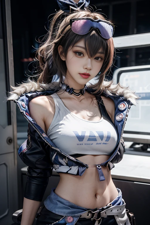 (RAW photoest qualtiy),(realisticlying,realisticlying:1.3),tmasterpiece,Extremely Delicately Beautiful,extremely detaile,CG,Solidarity,2k wallpaper,astounding,finely detailleint smile,extremely detaile的CG unity 8k壁纸,巨大的文件大small,ultra - detailed,A high resolution,absurderes,the soft light,fanciful,cyber punk perssonage,outdoor space,cyber punk perssonage城市,1girll,SilverWolf V4,(full bodyesbian:0.8),((small)),独奏,adolable,年轻,realisticlying的,the face, tchibi, beautiful delicate girl, silk gray hair, long whitr hair, Gray eyeballs, 极其细致的眼睛和the face, beautiful detailed nose, Beautiful detailed eyes, long eyelasher, realisticlying的身体, looking at viewert, detailed finger, 美丽的详细upper legs, The shirt, mitts, longer sleeves, nabel, jewely, jaket, 白The shirt, upper legs, shorter pants, choker necklace, 黑色mitts, hason, obi strip, 无指mitts, Armpits, stomach, 黑色jaket, crop tops, hand on hips, shorter pants, upper legs带, blue backdrop, 黑色shorter pants, glasses on head, bubble blowing, chewing gum,Navel-baring combat uniform,nabel发红,nabel眼流血,There is blood in the stomach