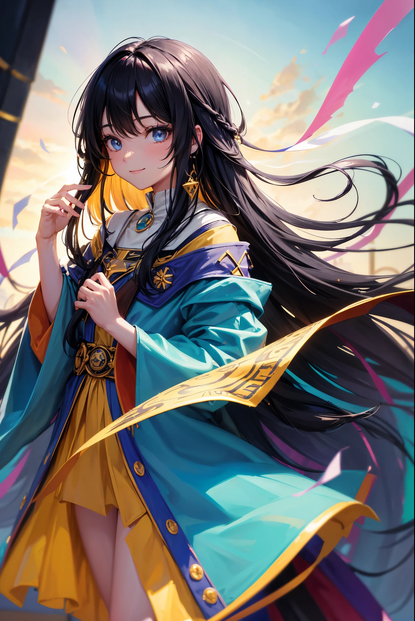solo, a wizard, colorful outfit, black hair, long hair, floating hair, shiny hair, jewelry, light smile, detailed beautiful face and eyes, cinematic lighting, jpeg artifacts, Eye-Level Shot, drop shadow, depth of field, hyperrealism, masterpiece, retina, ccurate, best quality, highres, 4K, super detail, vivid color
