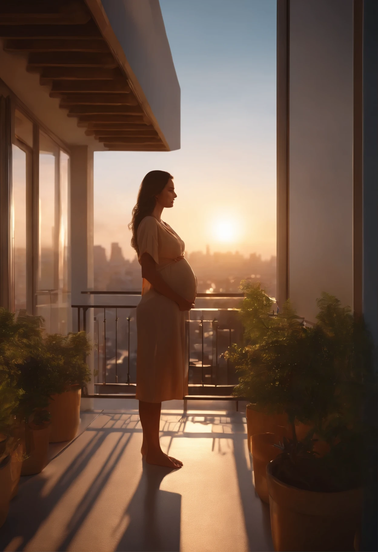 Pregnant woman stands on a balcony overlooking the city at sunset, elegant cinematic pose, 8K Lighting, makoto sinkai. Octane Render, soft portrait shot 8 k, cinematic soft lighting, realistic 4k digital art, realistic 4k digital art, unreal engine rendering + a goddess, soft cinematic lighting, Beautiful realistic photo, realistic afternoon lighting, 8k portrait rendering