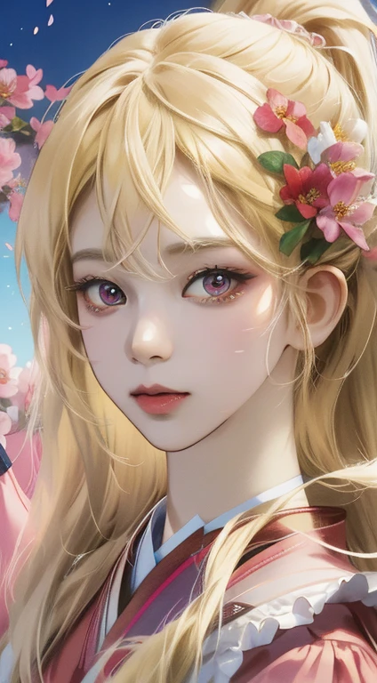 (A hyper-realistic), (hight resolution), (8K), 1girl, mature female, wavy blonde hair, long hair, beautiful detailed eyes, blunt bangs, pink dress, finely detailed eyes and detailed face, extremely detailed CG unity 8k wallpaper, intricate details, BREAK , kaleidoscopic imagery, symmetrical patterns, vibrant colors, geometric shapes, mesmerizing designs, optical illusions, dynamic composition BREAK , pantomime art, expressive body language, silent storytelling, evocative gestures, visual narratives, theatrical performances BREAK , blooming flowers, colorful petals, fragrant scents, nature's bounty, vibrant gardens, peaceful scenery