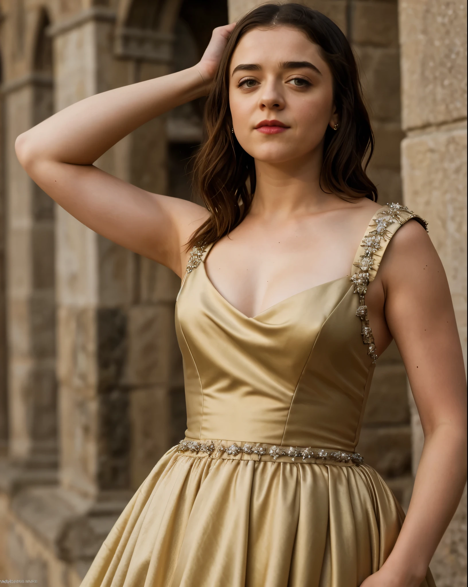Foto RAW, RAW photograph of Maisie Williams, Arya Stark, mediaeval world cinematic background, Extremely gorgeous lady, Arya Stark PLAYED BY MAISIE WILLIAMS, Queen Arya Stark, she a mature woman now, milf, sexy mediaeval battle dress, gladiator woman, body, 40 years old Woman, body revealing costumes, perky breast, skin pores, big natural breast, erotic costumes, lusty physique, seductive figure can capture every people's attention, Game of thrones costumes, revealing captivating figure, Mediaeval costumes, revealing clothes, A tomboy, she would rather fence than dance, red lips, warrior queen , game of thrones screen caps, Game of Thrones Series, (pele altamente detalhada: 1.2), 8k UHD, DSLR, soft-lighting, alta qualidade, grain of film, Fujifilm XT3, flawless picture, highly detailed, detailed Beauty, intricate, 32k, sharp picture,