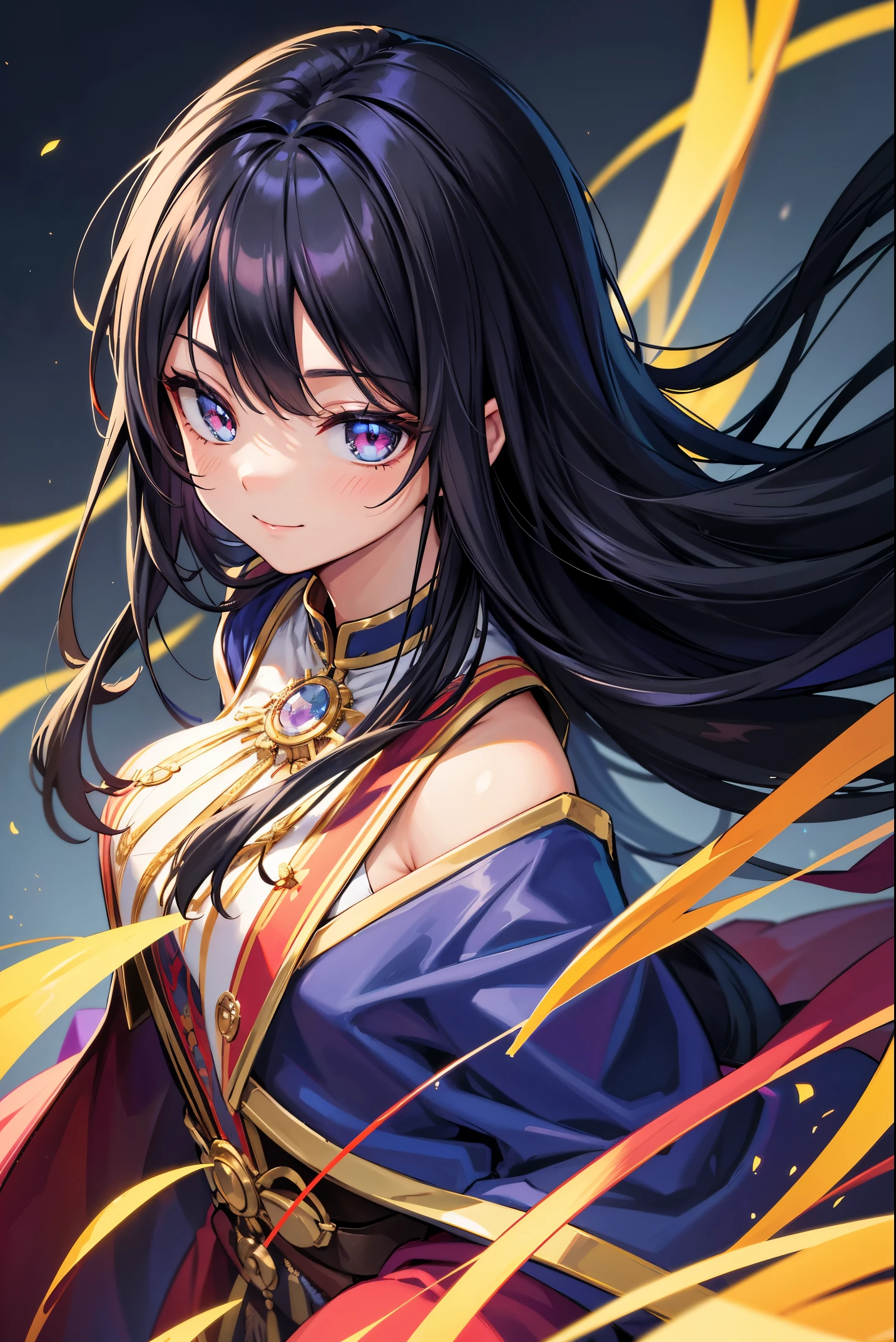solo, a wizard, colorful outfit, black hair, long hair, floating hair, shiny hair, jewelry, light smile, detailed beautiful face and eyes, cinematic lighting, jpeg artifacts, Eye-Level Shot, drop shadow, depth of field, hyperrealism, masterpiece, retina, ccurate, best quality, highres, 4K, super detail, vivid color
