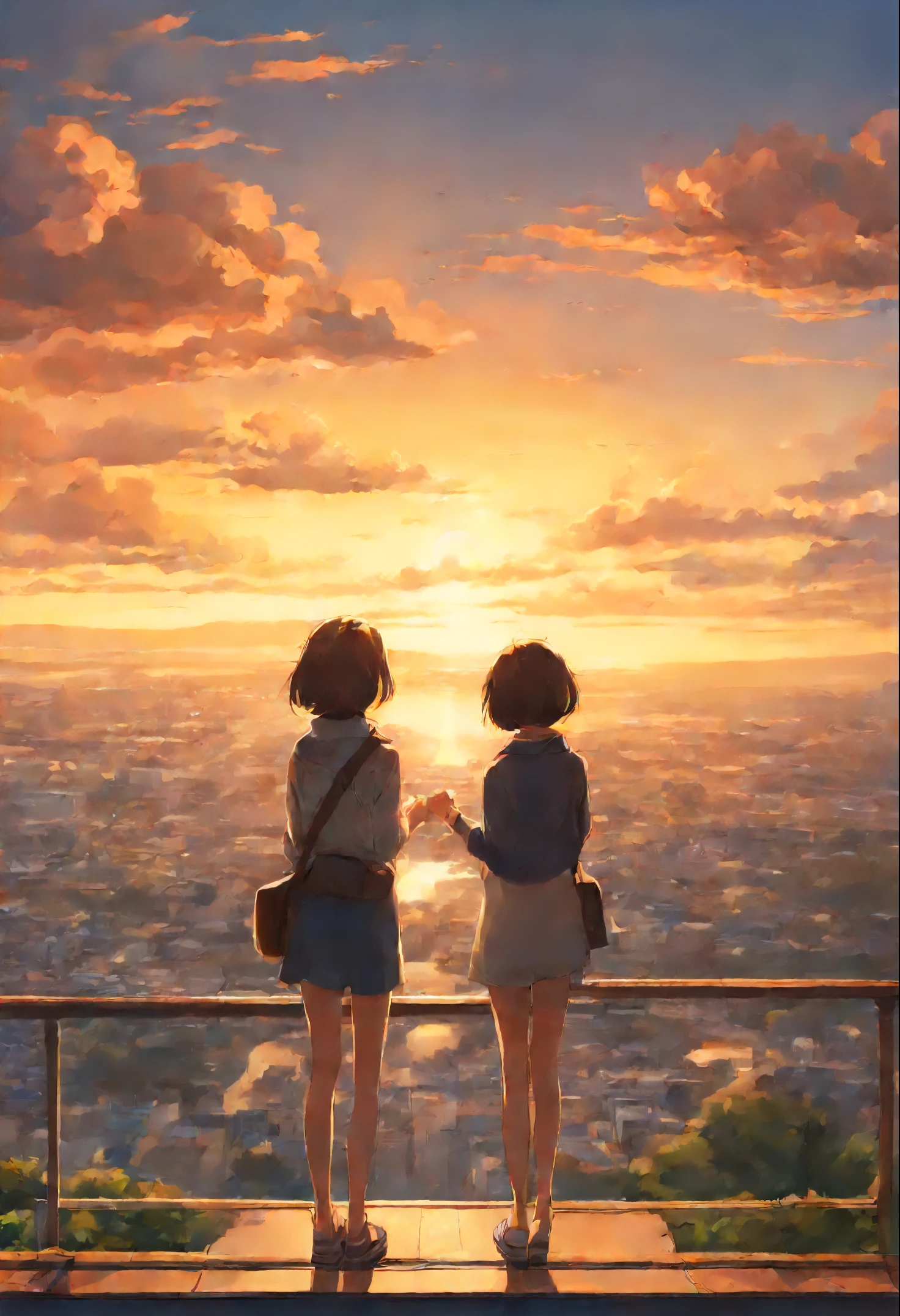 Girls from different worlds extend their hands to each other, anime couple two girls friends brunette and blonde, standing on a ledge and watching the sunset, clouds and rainbow below, guweiz and makoto sinkai, in style of makoto sinkai, makoto sinkai cyril rolando, sakimichan and makoto sinkai, ross tran and makoto sinkai, ( ( makoto sinkai ) ), style of makoto sinkai