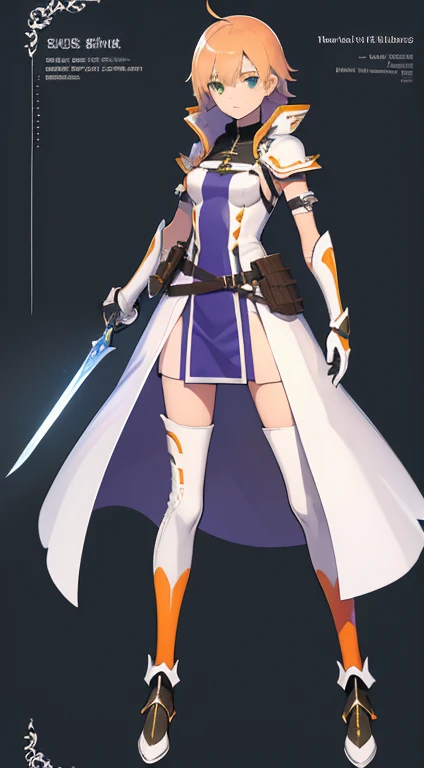(((Best Quality))) , ((full body)), female, reference sheet, solo, (white background), holding sword, gloves, waist armor, thigh high, side slit trench skirt, blue, orange, green, violet, brown, white, colorful outfit,