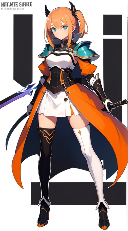 (((Best Quality))) , ((full body)), female, reference sheet, solo, (white background), holding sword, gloves, waist armor, thigh high, side slit trench skirt, blue, orange, green, violet, brown, white, colorful outfit,