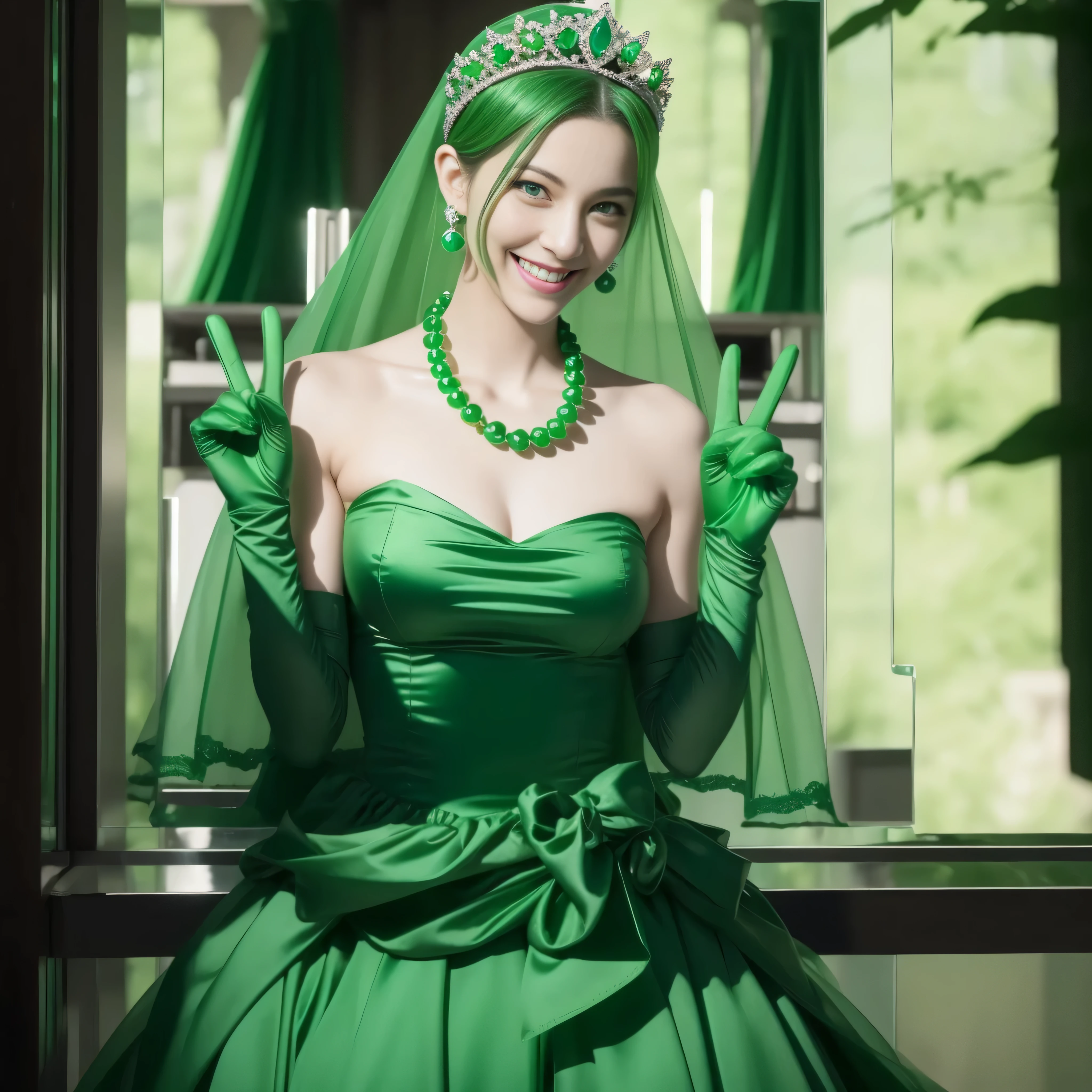 emerald tiara, Green Pearl Necklace, Boyish very short green hair, lipsticks, Japan woman smiling, very short short hair, big breasts beautiful, Green eyes, Long green gloves made of satin material, Green eyes, Emerald Earrings, green vale, v sign
