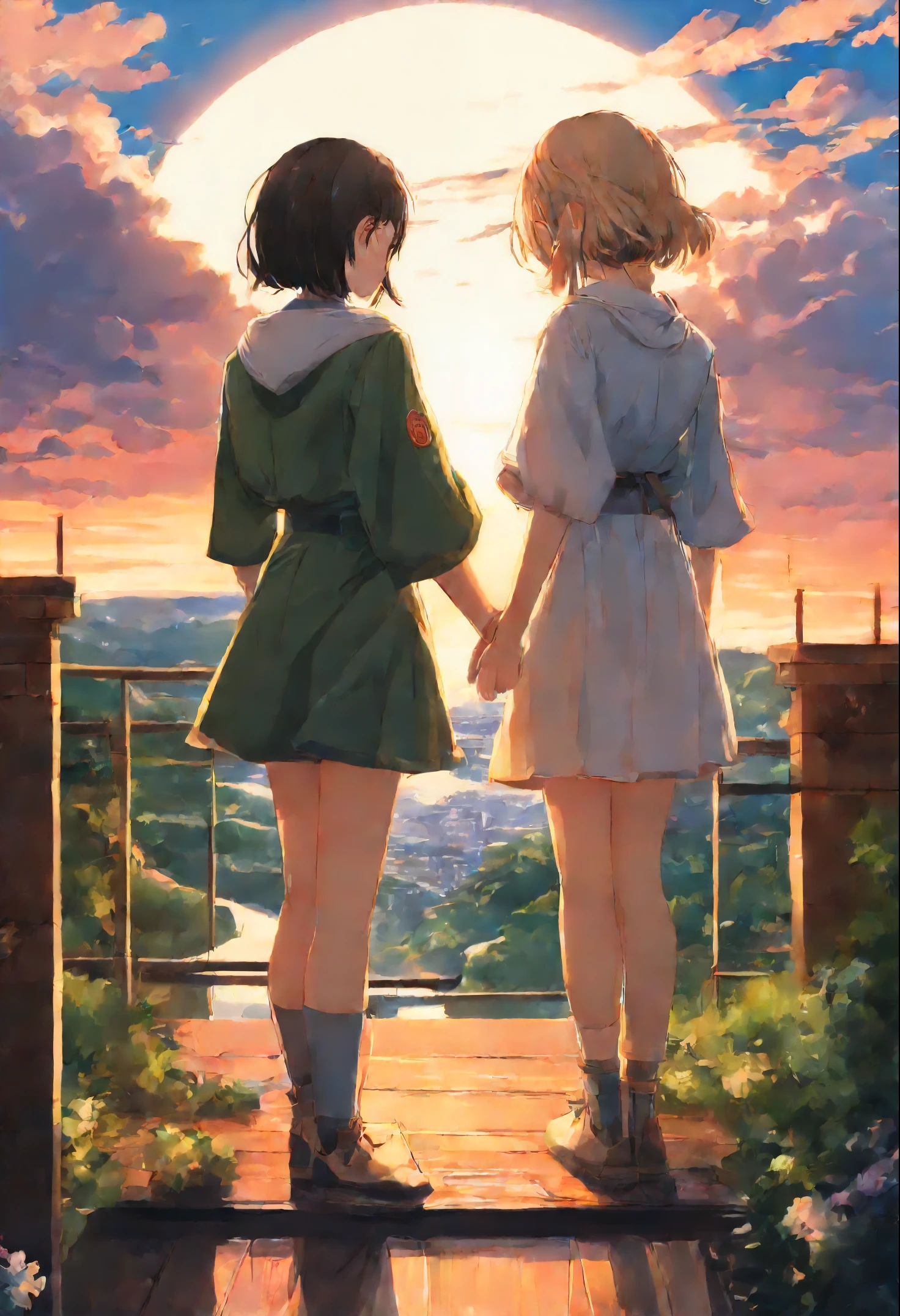 Girls from different worlds extend their hands to each other, anime couple two girls friends brunette and blonde, standing on a ledge and watching the sunset, clouds and rainbow below, guweiz and makoto sinkai, in style of makoto sinkai, makoto sinkai cyril rolando, sakimichan and makoto sinkai, ross tran and makoto sinkai, ( ( makoto sinkai ) ), style of makoto sinkai