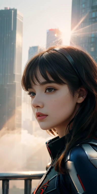 (1girl:1.3), Solo, (((Very detailed face)))), ((Very detailed eyes and face)))), Beautiful detail eyes, Body parts__, Official art, Unified 8k wallpaper, Super detailed, beautiful and beautiful, beautiful, masterpiece, best quality, original, masterpiece, super fine photo, best quality, super high resolution, realistic realism, sunlight, full body portrait, amazing beauty, dynamic pose, delicate face, vibrant eyerom the front), She wears Spider-Man suit, red and black color scheme, spider, very detailed city roof background, rooftop, overlooking the city, detailed face, detailed complex busy background, messy, gorgeous, milky white, highly detailed skin, realistic skin details, visible pores, clear focus, volumetric fog, 8k uhd, DSLR, high quality, film grain, fair skin, photo realism, lomography, futuristic dystopian megalopolis, translucent