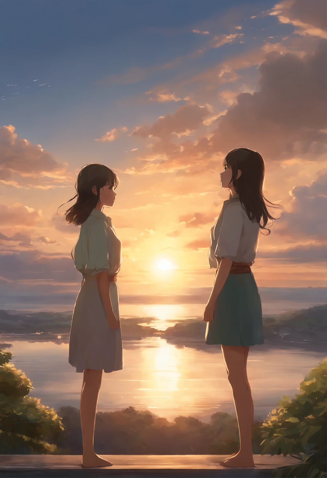Girls from different worlds extend their hands to each other, anime couple two girls friends brunette and blonde, standing on a ledge and watching the sunset, clouds and rainbow below, guweiz and makoto sinkai, in style of makoto sinkai, makoto sinkai cyril rolando, sakimichan and makoto sinkai, ross tran and makoto sinkai, ( ( makoto sinkai ) ), style of makoto sinkai