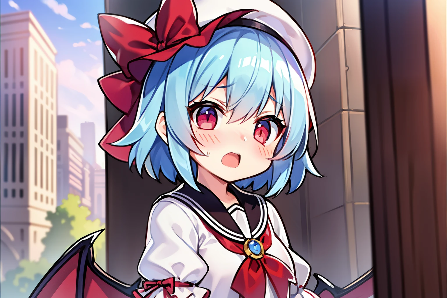 One girl、remilia scarlet、close range、美丽的面容、Red Eye、lightblue hair（Highlights in the eyes）、embarrassed from、blushed face、suprised、Open mouth、Petite、shortsleeves、staring directly at camera、Hats