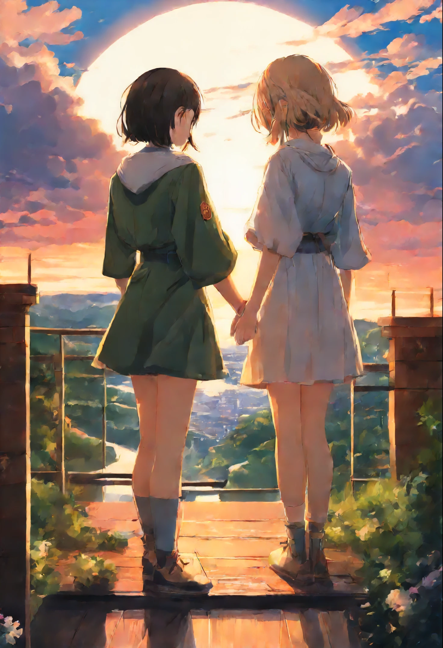 Girls from different worlds extend their hands to each other, anime couple two girls friends brunette and blonde, standing on a ledge and watching the sunset, clouds and rainbow below, guweiz and makoto sinkai, in style of makoto sinkai, makoto sinkai cyril rolando, sakimichan and makoto sinkai, ross tran and makoto sinkai, ( ( makoto sinkai ) ), style of makoto sinkai