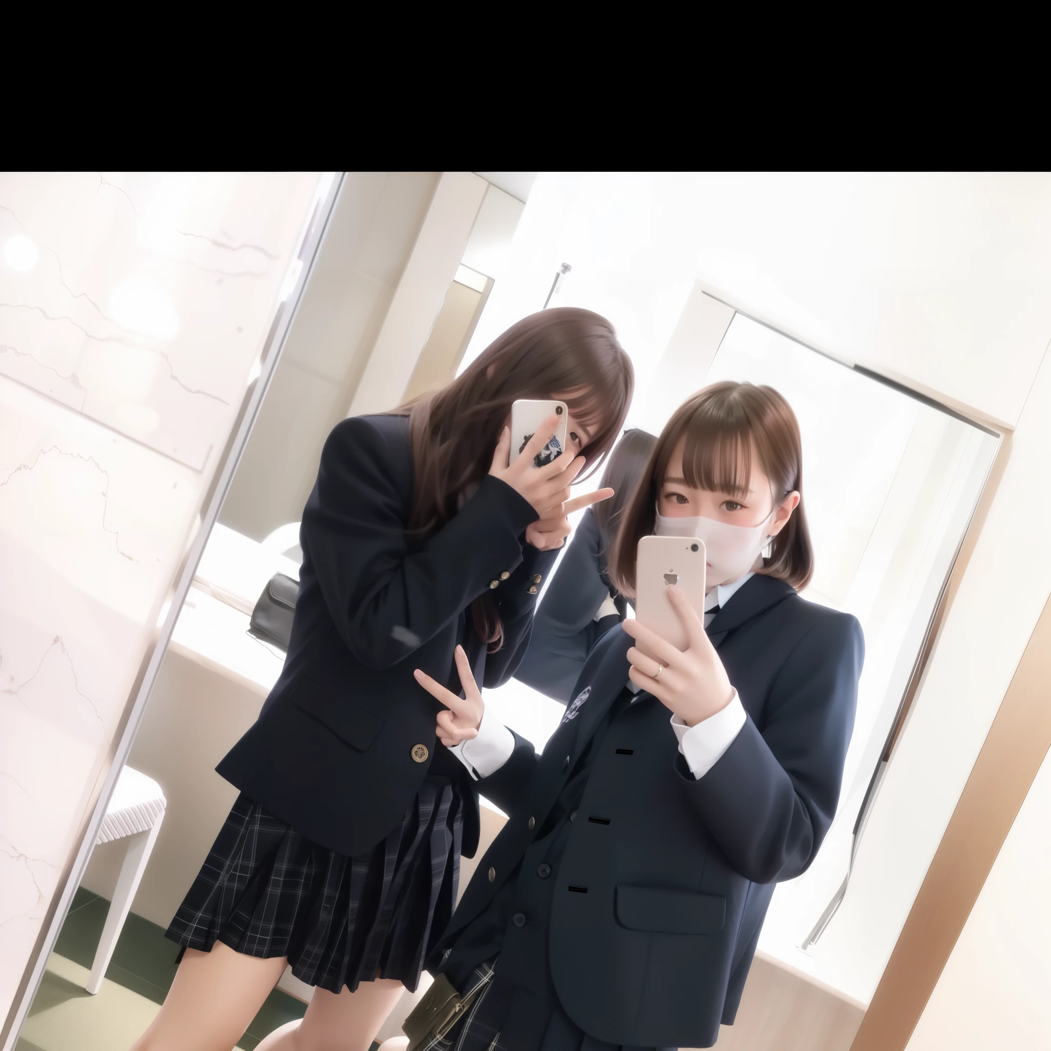 there are two girls in School uniforms taking a selfie in a mirror, japanese School uniform, two japanese schoolgirls posing, wearing School uniform, wearing japanese School uniform, Seifuku, JK Uniform, wearing a School uniform, School uniform, magical school student uniform, japanese girl School uniform, profile image, School Girl, Cute Schoolgirl, japanese high school, magic School uniform ヌード