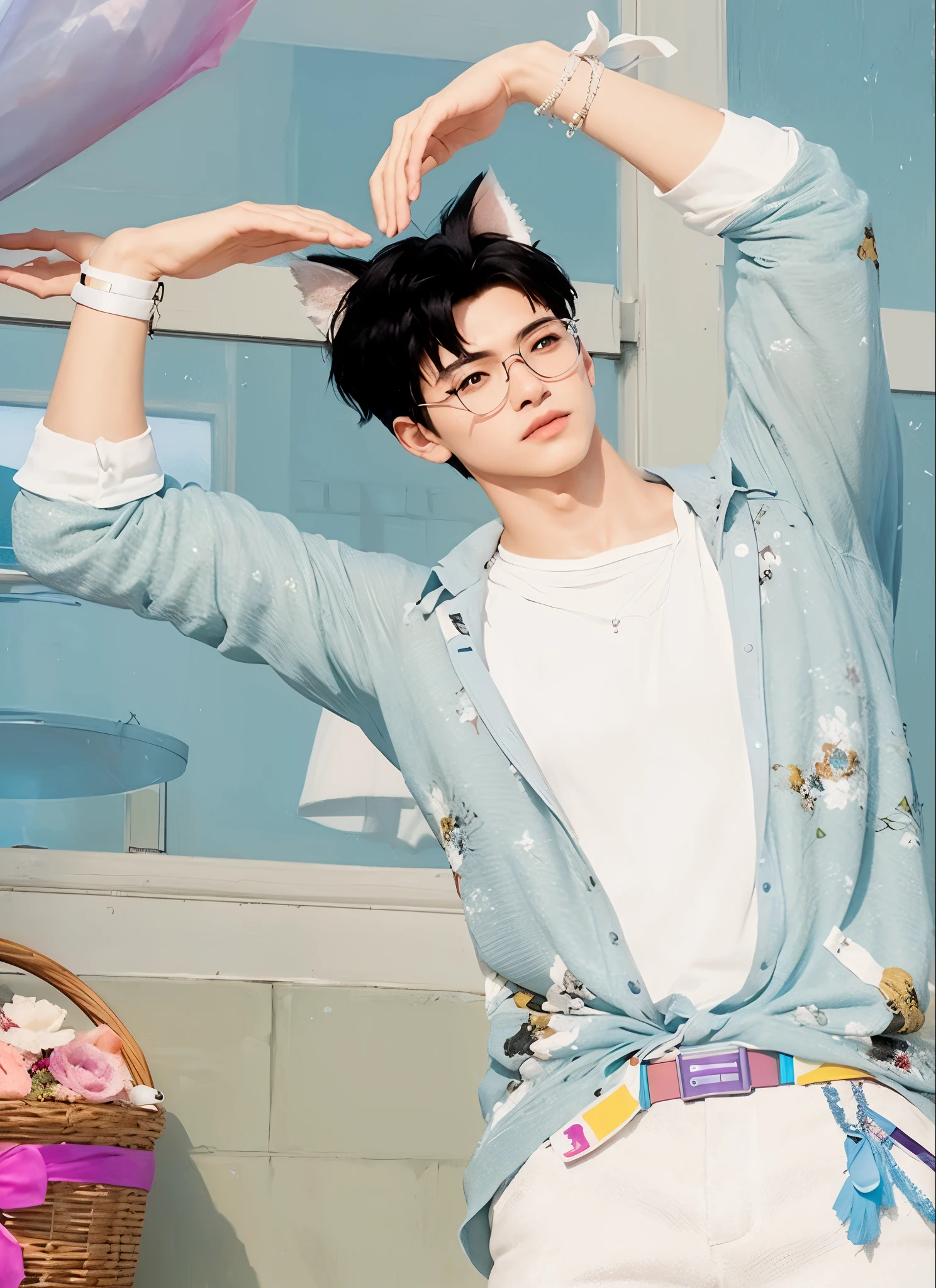 there is a man that is standing in front of a window, stunningly beautiful, black cat ear, round glasses with silver frame, wearing a white t-shirt covered with a blue beach shirt, round glasses with silver frame, (top-quality, 8K, 32K, ​masterpiece, nffsw:1.3), A high resolution, (Photorealsitic:1.4), Raw photography, Detailed face, Beautiful curtain black hair, ((young man style)), white trousers with a colorful belt, Natural makeup, Perfect Lighting, depth of fields, Beautiful shadow gradient,