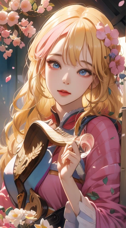 (A hyper-realistic), (hight resolution), (8K), 1girl, mature female, wavy blonde hair, long hair, beautiful detailed eyes, blunt bangs, pink dress, finely detailed eyes and detailed face, extremely detailed CG unity 8k wallpaper, intricate details, BREAK , kaleidoscopic imagery, symmetrical patterns, vibrant colors, geometric shapes, mesmerizing designs, optical illusions, dynamic composition BREAK , pantomime art, expressive body language, silent storytelling, evocative gestures, visual narratives, theatrical performances BREAK , blooming flowers, colorful petals, fragrant scents, nature's bounty, vibrant gardens, peaceful scenery