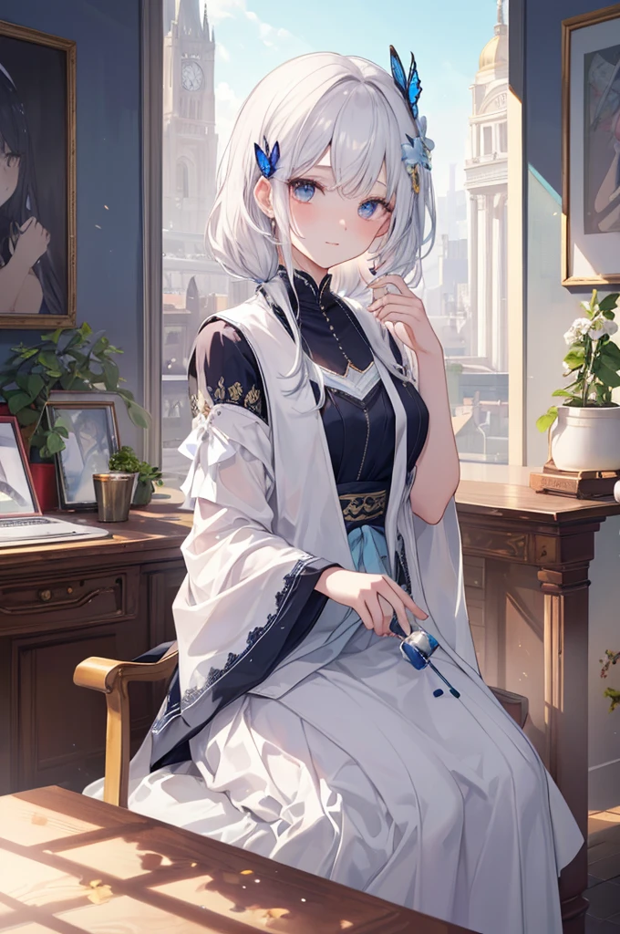 A royal sister,gold eyes,White hair,With a long colorful single brhort detailed hair,Blue skirt,((The eyes are blindfolded by strips of cloth)),(There is only one person in the picture),There is a butterfly on the palm,aethereal,Sit at your desk,squinting eyes,(sideface),(HighestQuali)