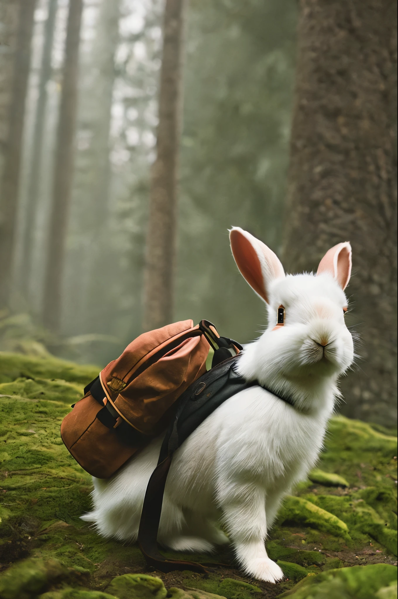 classicnegative portrait photo, fantasy video game character concept art, a cute white fluffy rabbit wearing a small brown leather backpack looking at a map hiking through a forest, dungeons and dragons, fantasy, river, haze, halation, bloom, dramatic atmosphere, 1970s dark fantasy movie, centred, rule of thirds