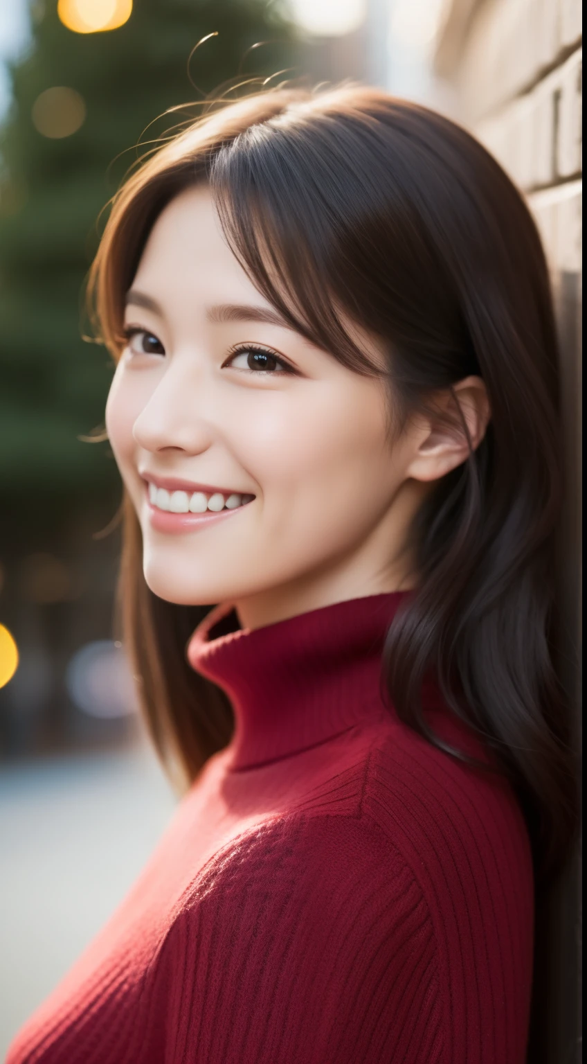 The face is a hostess、She wears a turtleneck wool sweater、hiquality、A hyper-realistic、healthy、Smiling expression、Slender perfect figure、Japan beauties、beautidful eyes、face perfect、Beautiful skin、from side、Christmas tree、street