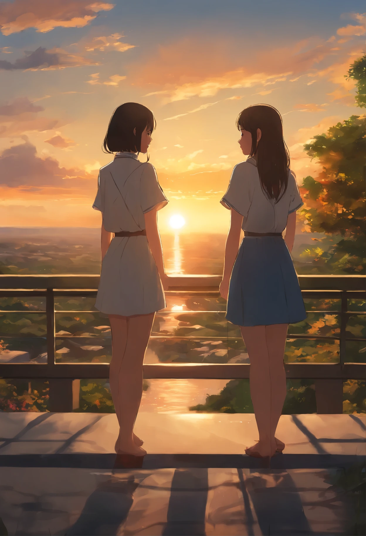Girls from different worlds extend their hands to each other, anime couple two girls friends brunette and blonde, standing on a ledge and watching the sunset, clouds and rainbow below, guweiz and makoto sinkai, in style of makoto sinkai, makoto sinkai cyril rolando, sakimichan and makoto sinkai, ross tran and makoto sinkai, ( ( makoto sinkai ) ), style of makoto sinkai