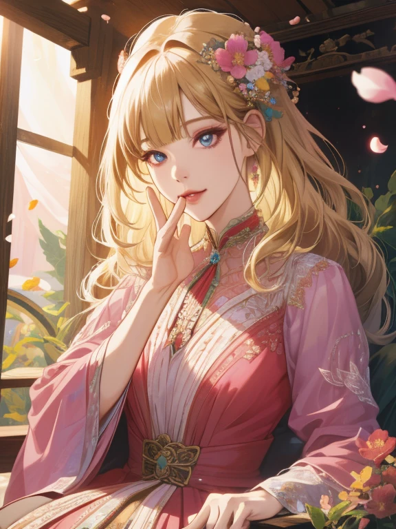 (A hyper-realistic), (hight resolution), (8K), 1girl, mature female, wavy blonde hair, long hair, beautiful detailed eyes, blunt bangs, pink dress, finely detailed eyes and detailed face, extremely detailed CG unity 8k wallpaper, intricate details, BREAK , kaleidoscopic imagery, symmetrical patterns, vibrant colors, geometric shapes, mesmerizing designs, optical illusions, dynamic composition BREAK , pantomime art, expressive body language, silent storytelling, evocative gestures, visual narratives, theatrical performances BREAK , blooming flowers, colorful petals, fragrant scents, nature's bounty, vibrant gardens, peaceful scenery