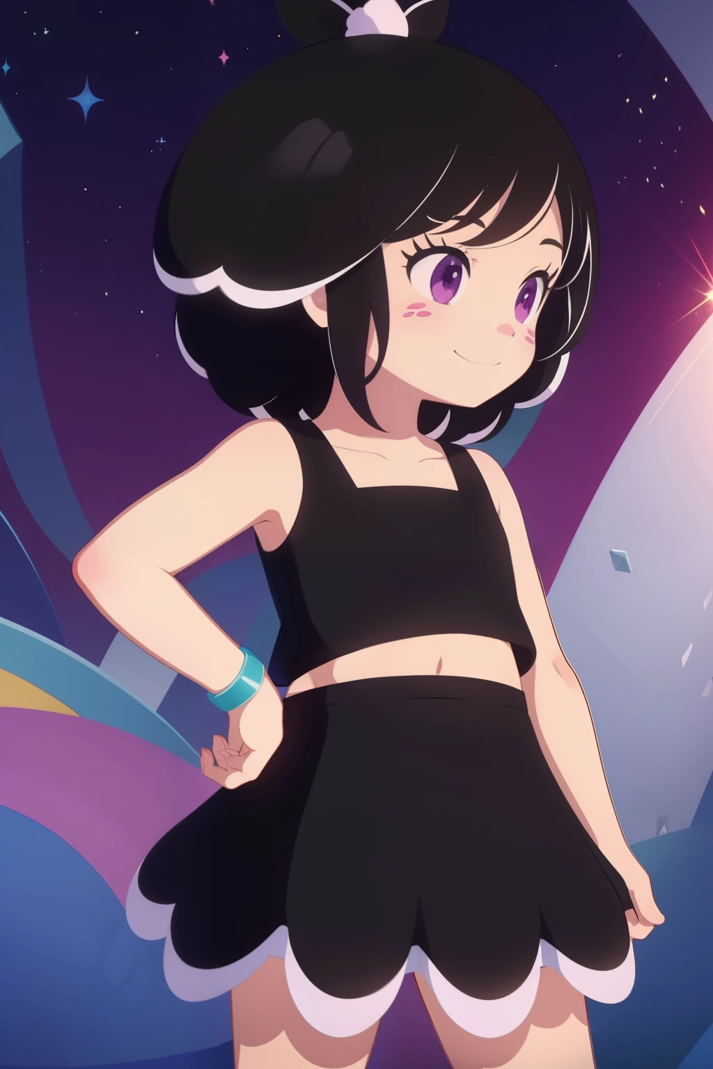 Hanazuki, black hair, highlights, pink nose and freckles, bracelet, black sleeveless two-piece skirt set, skirt, trimmings, smile