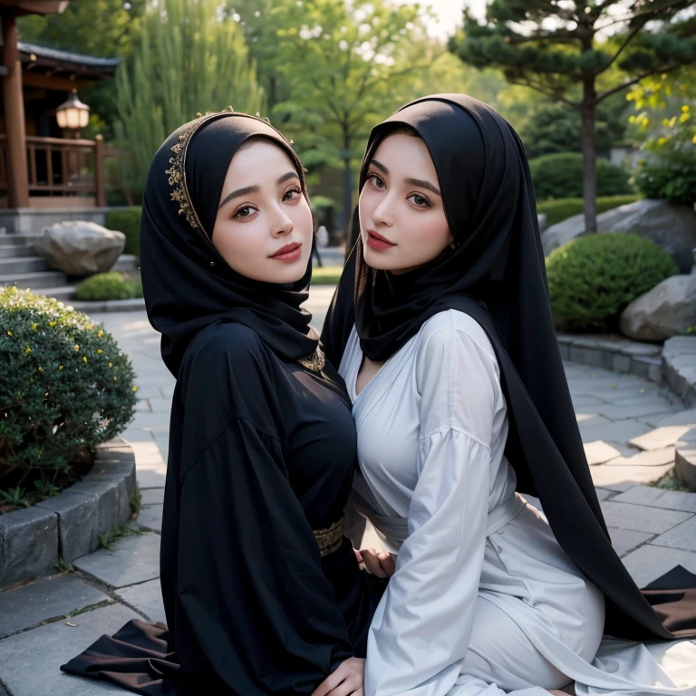 8K, absurdres, detailed face, 3/4 view, POV, a beautiful muslimah woman named mira with medium breasts is wearing chador and transparent abaya is kissing her attractive girlfriend named filzah with big breasts wearing shawl, pressing mira's hand on filzah's bosom, tilt her head up, laid in a bedroom, in a japanese garden, photorealistic, masterpiece, highly-detailed, naughty smile