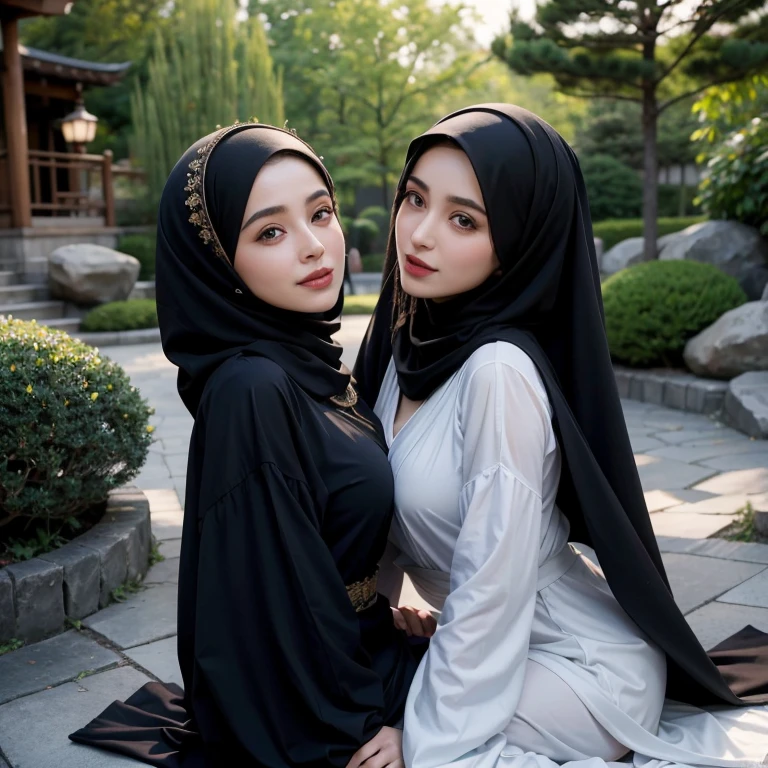 8K, absurdres, detailed face, 3/4 view, POV, a beautiful muslimah woman named mira with medium breasts is wearing chador and transparent abaya is kissing her attractive girlfriend named filzah with big breasts wearing shawl, pressing mira's hand on filzah's bosom, tilt her head up, laid in a bedroom, in a japanese garden, photorealistic, masterpiece, highly-detailed, naughty smile