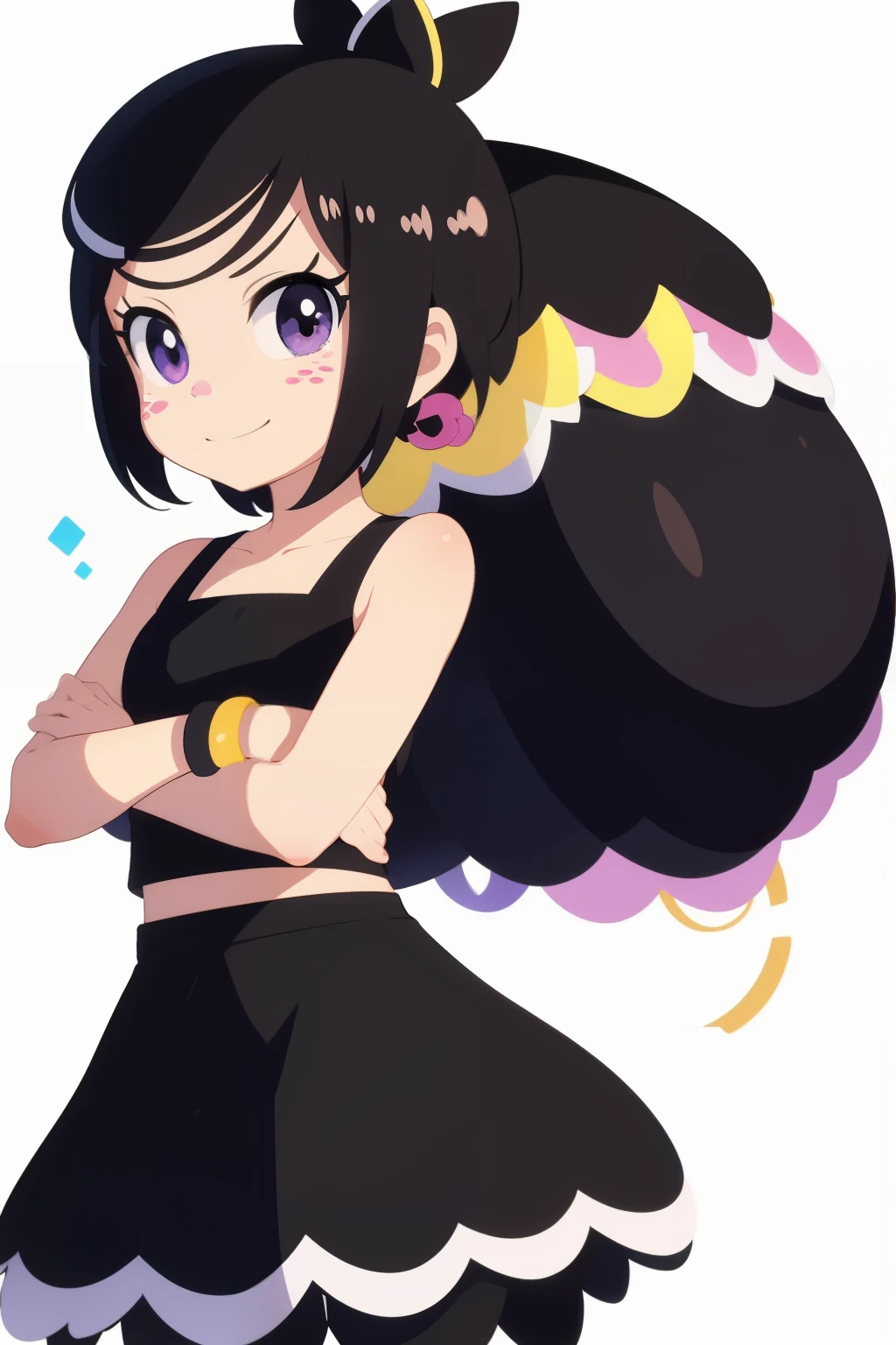 Hanazuki, black hair, highlights, pink nose and freckles, bracelet, black sleeveless two-piece skirt set, skirt, trimmings, smile