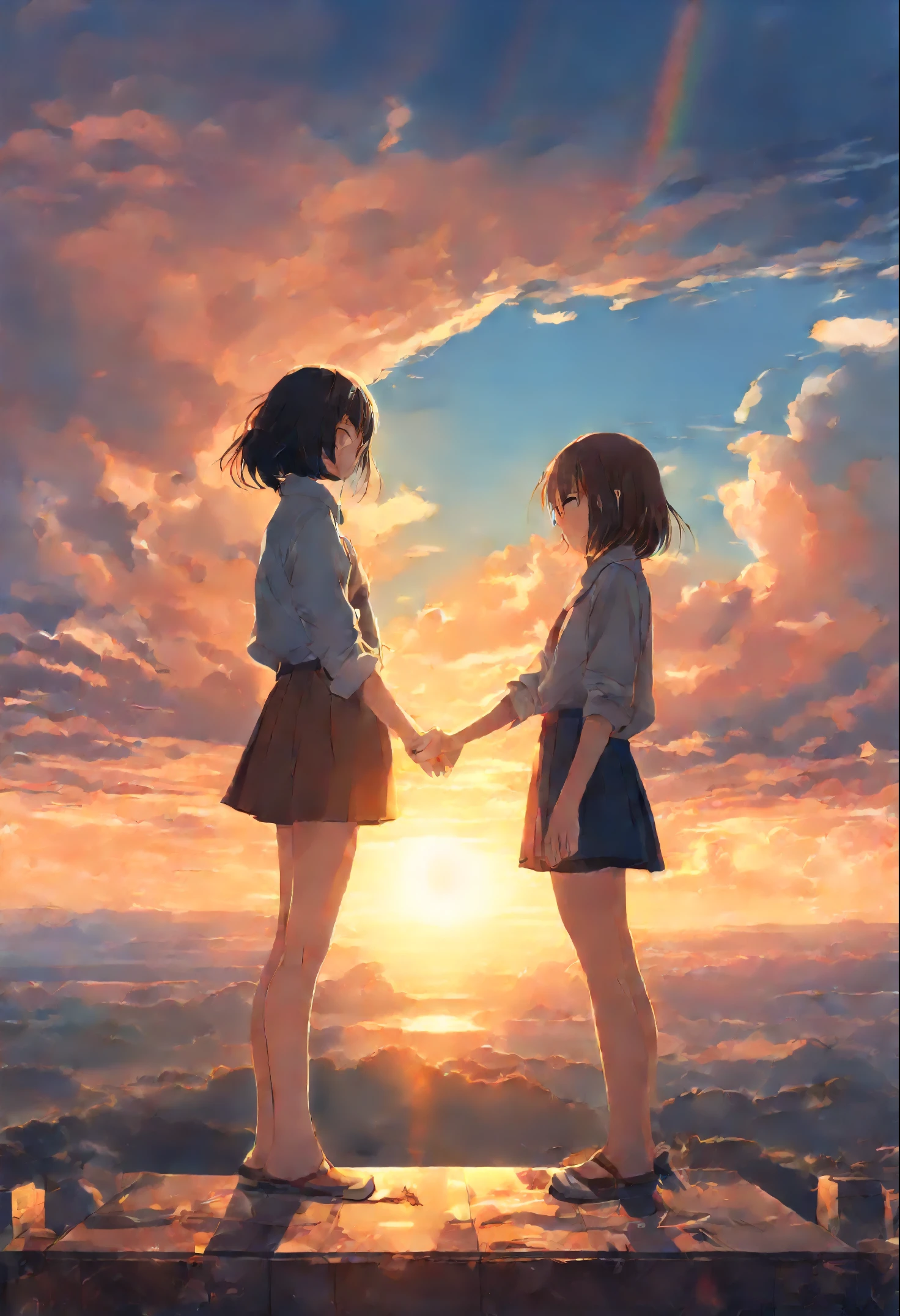 Girls from different worlds extend their hands to each other, anime couple two girls friends brunette and blonde, standing on a ledge and watching the sunset, clouds and rainbow below, guweiz and makoto sinkai, in style of makoto sinkai, makoto sinkai cyril rolando, sakimichan and makoto sinkai, ross tran and makoto sinkai, ( ( makoto sinkai ) ), style of makoto sinkai