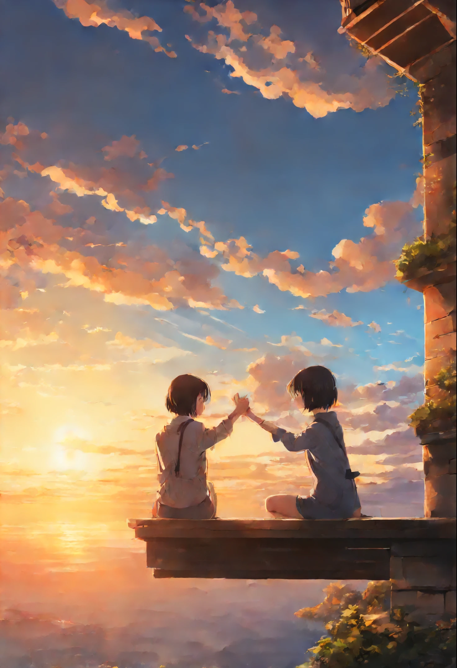 Girls from different worlds extend their hands to each other, anime couple two girls friends brunette and blonde, standing on a ledge and watching the sunset, clouds and rainbow below, guweiz and makoto sinkai, in style of makoto sinkai, makoto sinkai cyril rolando, sakimichan and makoto sinkai, ross tran and makoto sinkai, ( ( makoto sinkai ) ), style of makoto sinkai