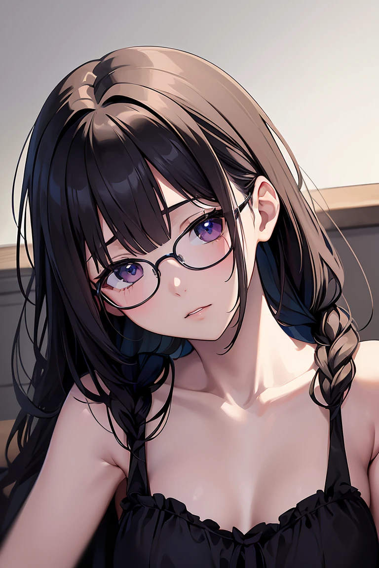 a young cute girl, glasses, braids, black hair, (sleeping), dress shirt, BREAK, (anime:1.5), (Masterpiece, Best Quality: 1.2), (Ultra High Resolution: 1.2), (RAW Photo: 1.2), (Ultra Detailed CG Unified 8k Wallpaper: 1.2), (Beautiful Skin: 1.2), (pale Skin: 1.3), (Beautiful pretty face: 1.3), (super detailed background, detail background: 1.3), (Ultra Realistic Photo), (Hyper Sharp Image), (Hyper Detail Image), (Hyper Sharp Focus: 1.5), (Ultra Sharp Focus: 1.5)