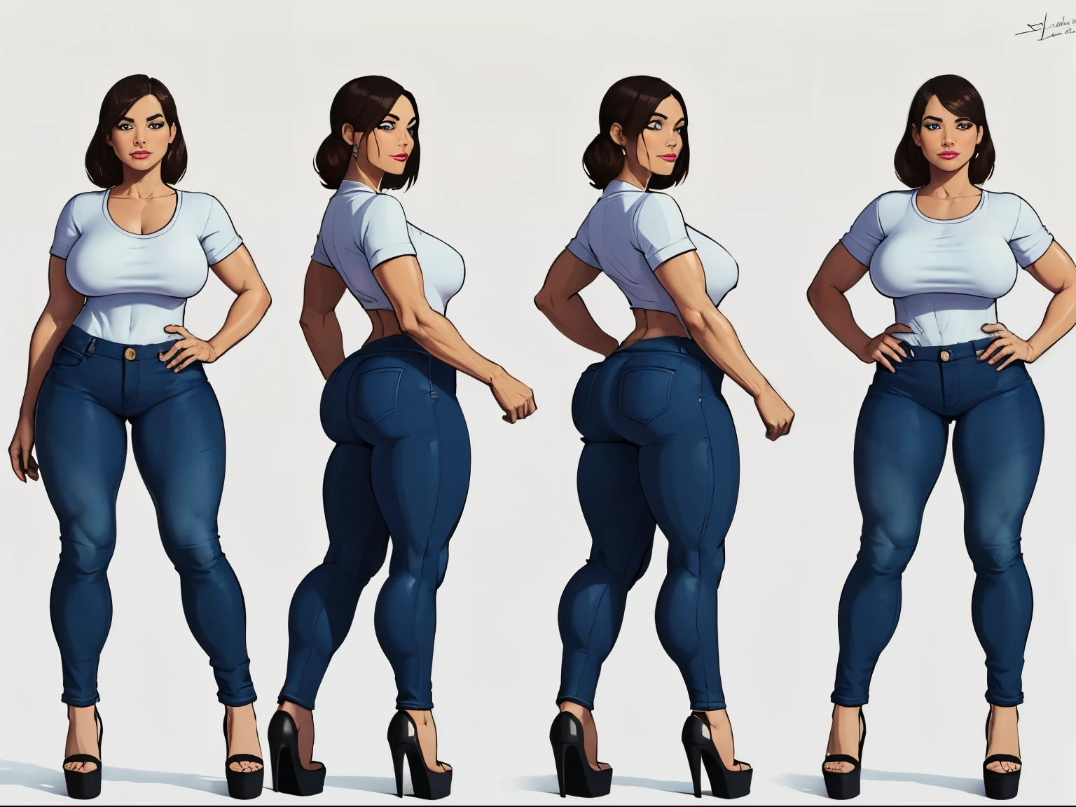 ((masterpiece)),(((best quality))),((character design sheet)), ((full body view)), Asian American milf with absurdly huge tits wearing mom jeans and low cut shirt:1.3, Asian milf with skinny flat waist and juicy ass, shiny skin, scribbles and marks,(puffy lips:1.4), rough sketches, pose, 8k,16k, ( background, white background: 1.3), tanned skin, sky blue eyes, big puffy exaggerated lips, huge lips together in small smirk, wide cheekbones.