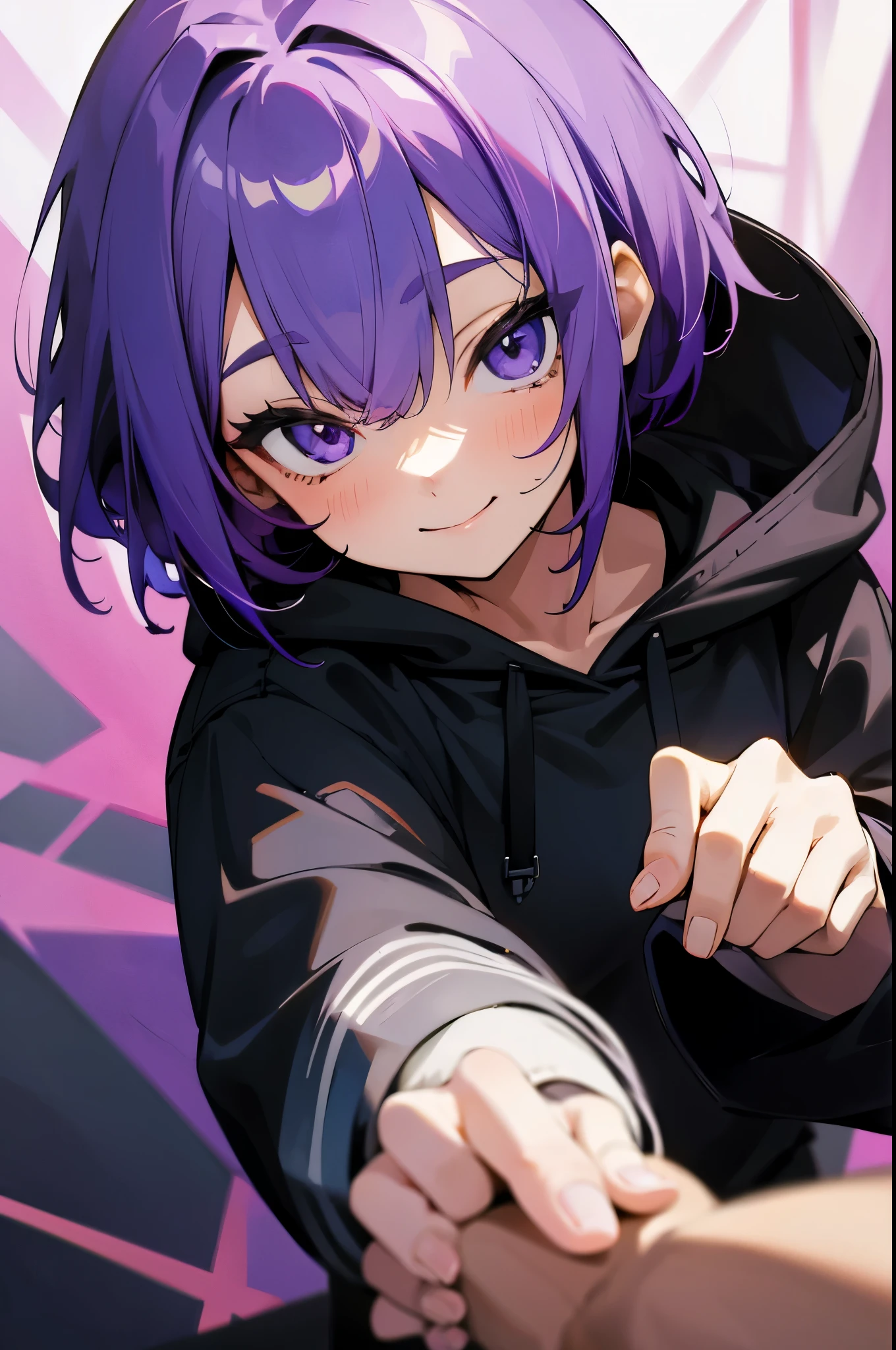 Girl with purple hair、short-hair、Smiling、Black hoodie、pov hand、Holding hands with others、Five Fingers